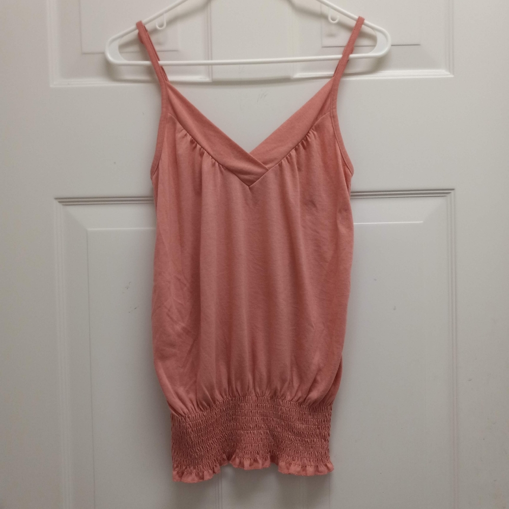 Vintage Y2K Cami Tank Top Peach Coral Small Smocked Hem Coquette Soft Girl